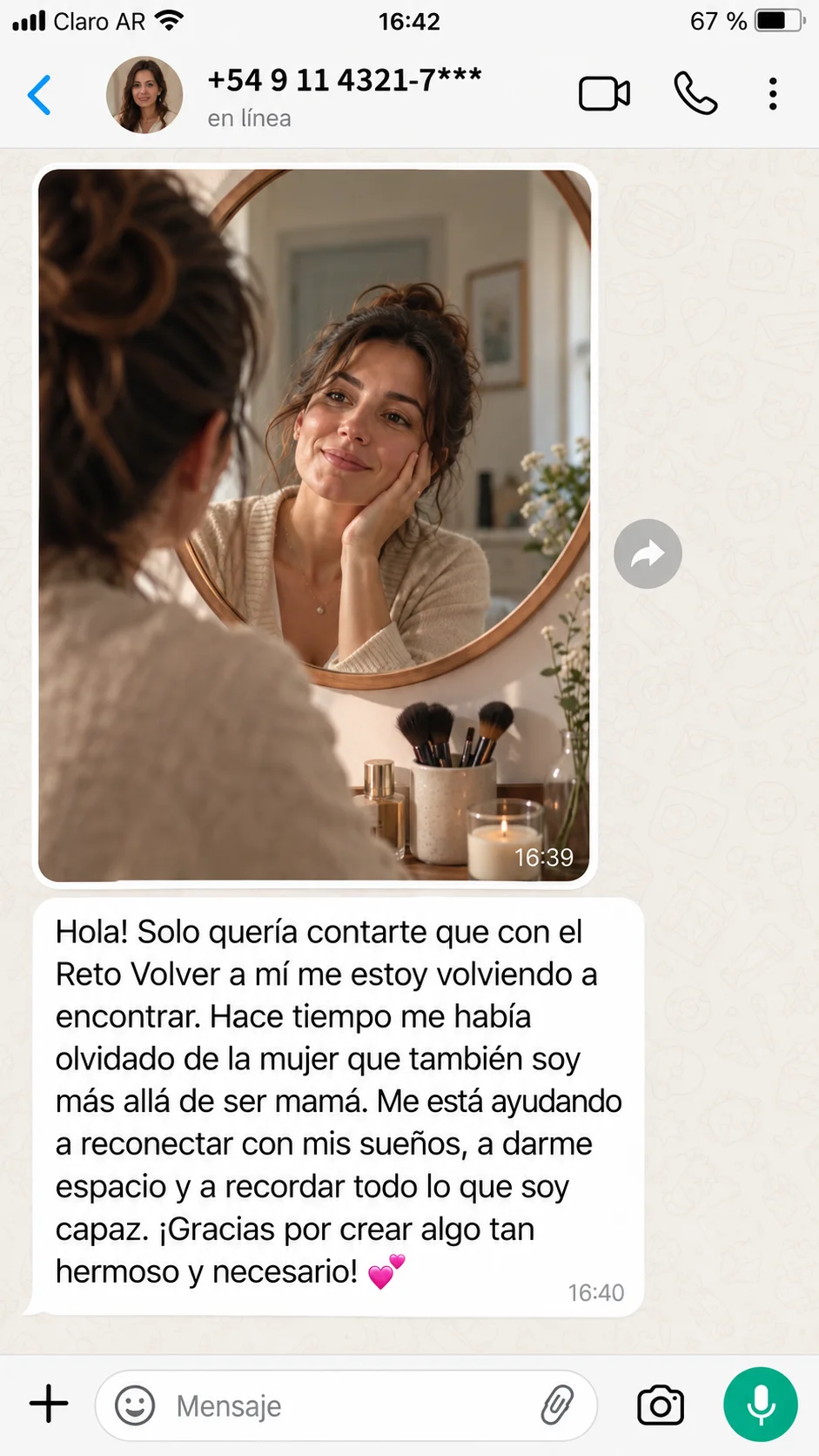 Testimonio recibido por WhatsApp sobre el reto Volver a mí